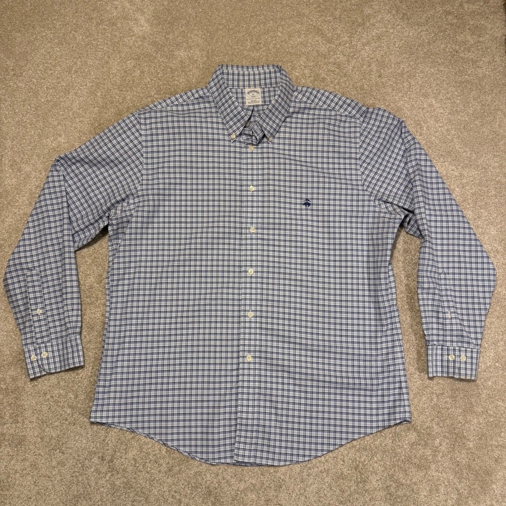 Brooks Brothers Shirt Mens XL Blue Plaid 346 Slim Fit Supima Cotton Non-Iron LS